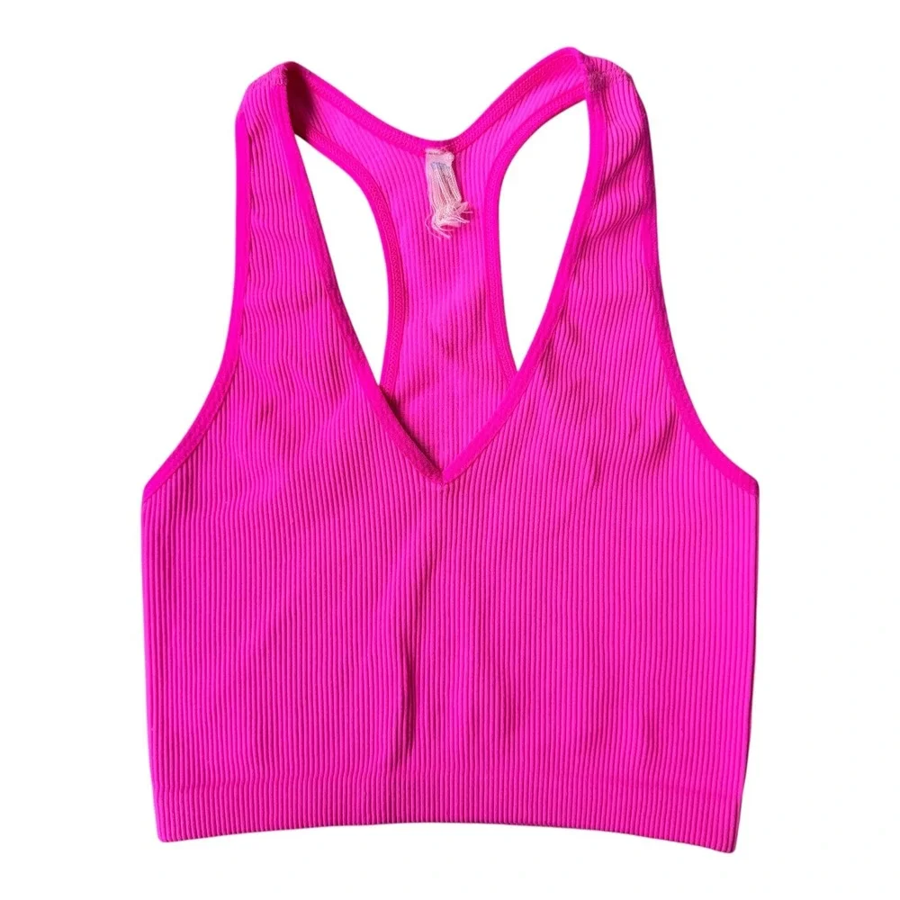 Free People Free Throw Crop Top Neon Pink Ribbed V Neck Bralette